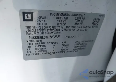 2017 GMC Acadia Slt-1 из США, поврежденный, VIN 1GKKNMLS4HZ202320